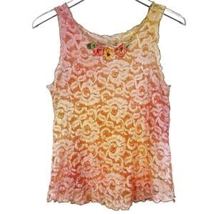 Robin Kaplan Ombre Dye Lace Sleeveless Blouse Tank Floral Rose Applique Pink